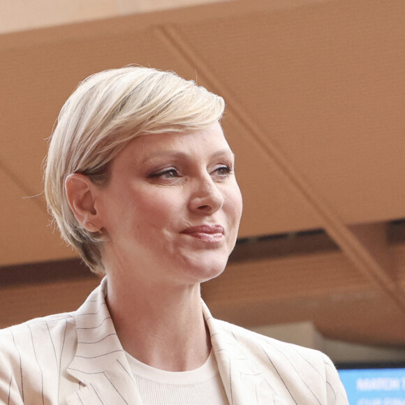 La princesse Charlène de Monaco - Le prince Albert II de Monaco et la princesse Charlene de Monaco ont assisté aux phases finales du 12eme Tournoi Sainte Devote et remis la coupe au vainqueur, l'Afrique du Sud, au stade Louis II de Monaco, le 20 avril 2024. © Claudia Albuquerque/Bestimage