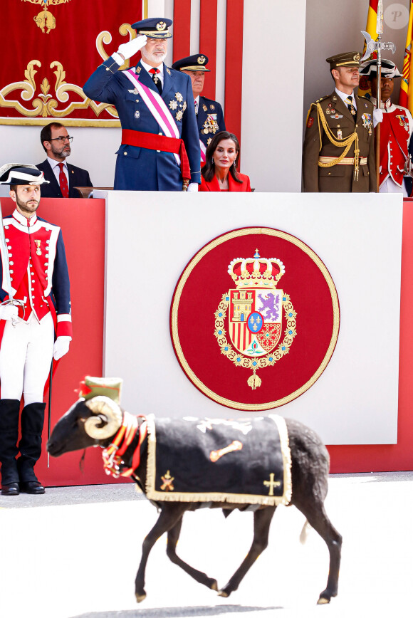 Le roi Felipe VI et la reine Letizia d'Espagne, assistent au défilé militaire à l'occasion de la Journée des forces armées à Oviedo, le 25 mai 2024. L'événement consiste en un hommage au drapeau et aux morts lors d'un défilé terrestre. Défilé de six groupes : Garde Royale, Bataillon de Marines, Escadron Aérien, Groupement de l'UME et de la Garde Civile, Groupement du Régiment Prince, Sapeurs de Montagne et Parachutistes et Groupement de la Légion et des Réguliers, ferme la cavalerie de la Garde Royale et du Sabre Escadron de la Garde Civile. © Royal-ES / Dana Press / Bestimage 