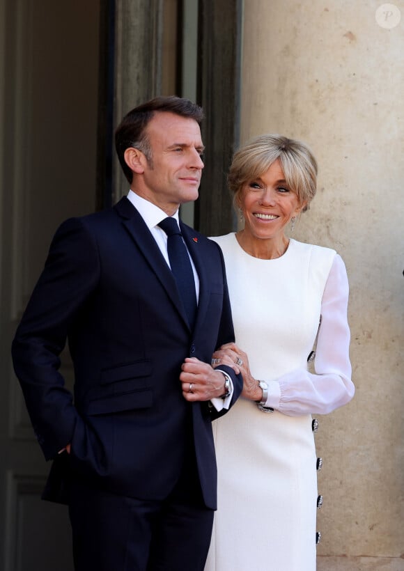 Emmanuel Macron et sa femme Brigitte - Dîner d'état en l'honneur du président des Etats-Unis et sa femme au palais de l'Elysée à Paris, à l'occasion de leur visite officielle en France. Le 8 juin 2024 © Jacovides-Moreau / Bestimage 