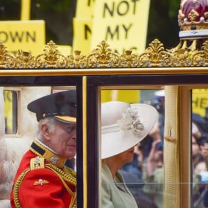 Alors que le carrosse du couple royal avançait dans la procession militaire, ils ont pu apercevoir des activistes anti-monarchie. 
Le roi Charles III d'Angleterre et Camilla Parker Bowles, reine consort d'Angleterre passent devant des militants anti-monarchie lors de la cérémonie Trooping the Colour près de Buckingham Palace samedi 15 juin 2024.