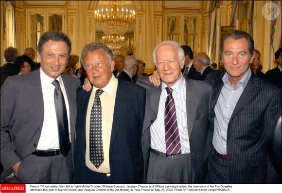 French TV journalists (from left to right) Michel Drucker, Philippe Bouvard, Jacques Chancel and William Leymergie attend the ceremony of the Prix Dorgeles attributed this year to Michel Drucker and Jacques Chancel at the Art Ministry in Paris-France on May 25, 2004. Photo by Francois-Xavier Lamperti/ABACA. 