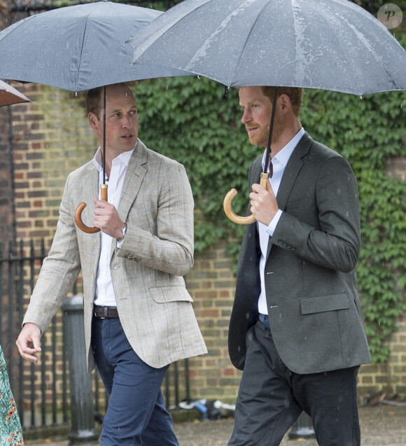 Le prince William, duc de Cambridge et le prince Harry lors de la visite du Sunken Garden dédié à la mémoire de Lady Diana à Londres le 30 août 2017. 