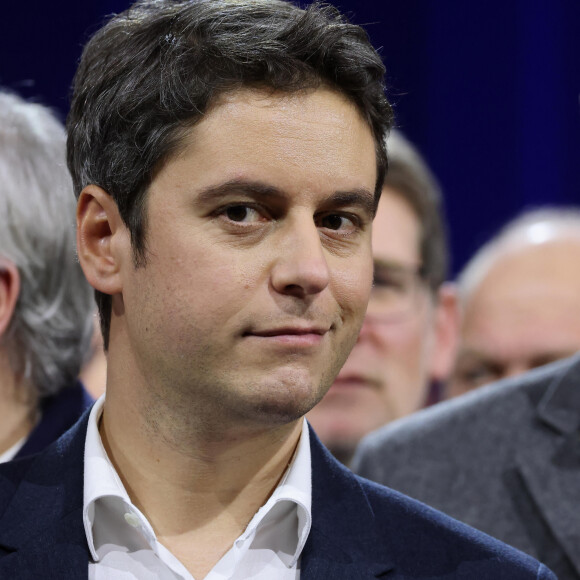 Gabriel Attal, premier ministre lors du meeting "Besoin d'Europe" au Grand Palais à Lille pour le lancement de la campagne du parti Renaissance pour les élections européennes en présence de V.Hayer (tête de liste majorité présidentielle élections européennes 2024) et de l'ensemble du gouvernement. Lille, le 9 mars 2024. © Dominique Jacovides / Bestimage