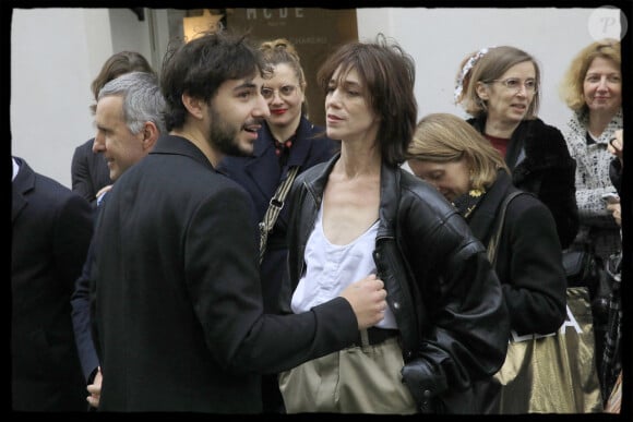 Ben Attal, Charlotte Gainsbourg attending the newly unveiled Maison des Illustres plaque in front of the Maison Gainsbourg in Paris, France, on April 2, 2024. Photo by Alain Guizard/ABACAPRESS.COM