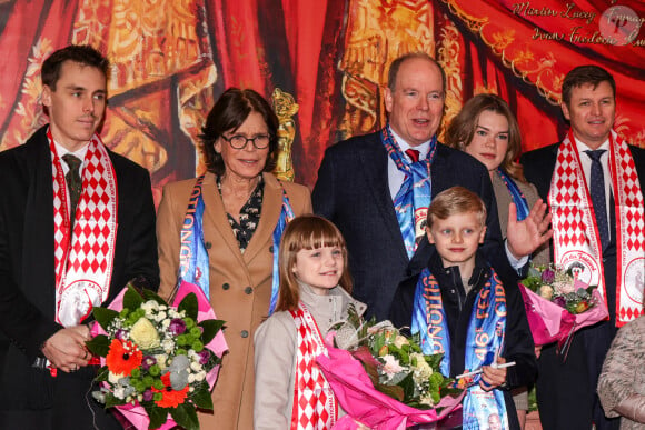 Louis Ducruet, la princesse Stéphanie de Monaco, le prince Albert II de Monaco, la princesse Gabriella de Monaco, comtesse de Carladès, le prince Jacques de Monaco, marquis des Baux, Camille Gottlieb, Gareth Wittstock, sa femme Roisin et leurs enfants Kaïa et Bodie - La famille princière lors de la 46ème édition du festival international du cirque de Monte-Carlo, à Monaco, le 21 janvier 2024. © Claudia Albuquerque/Bestimage 