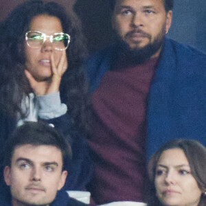 Jo-Wilfried Tsonga et sa femme Noura El Shwekh - People des les tribunes de la coupe du Monde de Rugby France 2023 - Match de quart de finale "France-Afrique du Sud (28-29)" au Stade de France à Saint-Denis 15 octobre 2023. © Moreau-Jacovides/Bestimage