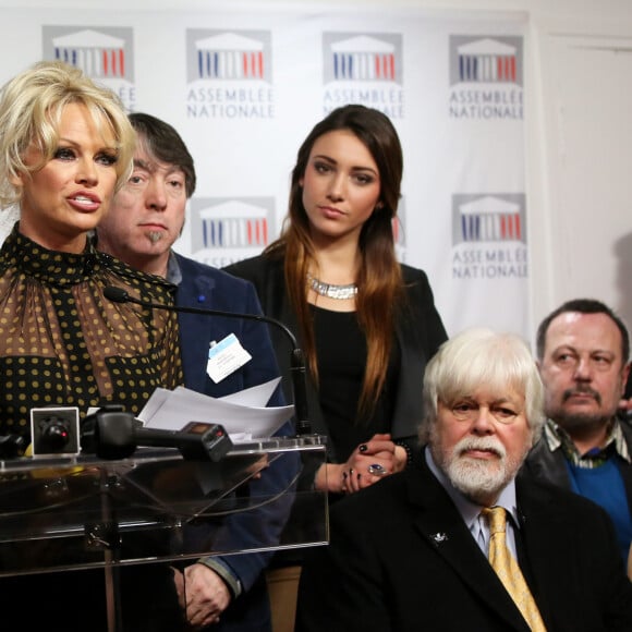 Pamela Anderson, Delphine Wespiser, Paul Watson (fondateur de la Sea Shepherd Conservation Society) - L'actrice américaine Pamela Anderson a tenu une conférence de presse aux côtés de la députée Laurence Abeille, le fondateur de l'ONG Sea Shepherd Paul Watson, l'ancienne Miss France Delphine Wespiser et le porte-parole de la Fondation Brigitte Bardot, Christophe Marie à l'Assemblée Nationale à Paris, le 19 janvier 2016. L'actrice américaine est venue soutenir la présentation d'une proposition de loi écologiste sur le gavage d'animaux pour la production de foie gras. © Dominique Jacovides/Bestimage