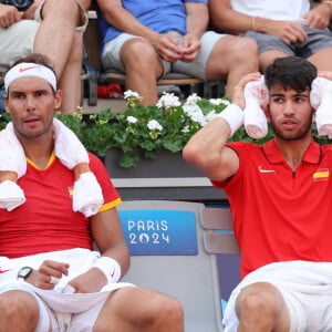 Rafael Nadal et Carlos Alcaraz Rafael Nadal et Carlos Alcaraz battent T. Griekspoor et W. Koolhof dans le tournoi olympique de tennis lors des Jeux Olympiques de Paris2024 (JO) à Paris le 30 Juillet 2024 © Jacovides - Perusseau / Bestimage 