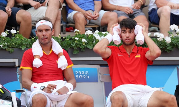 Rafael Nadal et Carlos Alcaraz Rafael Nadal et Carlos Alcaraz battent T. Griekspoor et W. Koolhof dans le tournoi olympique de tennis lors des Jeux Olympiques de Paris2024 (JO) à Paris le 30 Juillet 2024 © Jacovides - Perusseau / Bestimage 