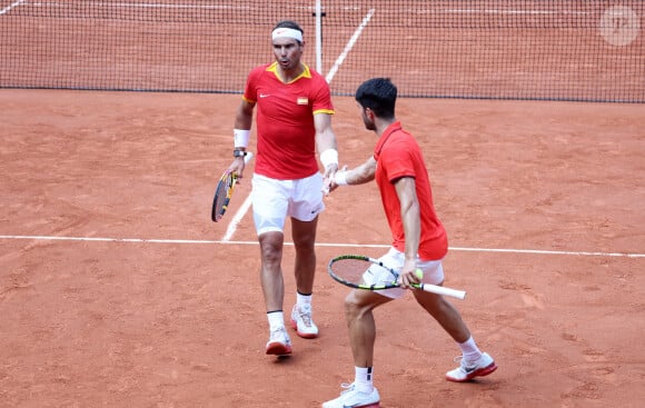 Rafael Nadal et Carlos Alcaraz Rafael Nadal et Carlos Alcaraz battent T. Griekspoor et W. Koolhof dans le tournoi olympique de tennis lors des Jeux Olympiques de Paris2024 (JO) à Paris le 30 Juillet 2024 © Jacovides - Perusseau / Bestimage 