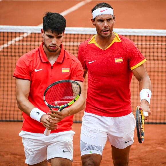 Alcaraz Carlos et Nadal Rafael d'Espagne pendant le match de tennis, Jeux Olympiques Paris 2024 le 30 juillet 2024 au Stade Roland-Garros à Paris, France. Matthieu Mirville / DPPI Media / Panoramic / Bestimage