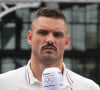 Florent Manaudou, Melina Robert-Michon, David Lappartient, Nathalie Pechalat lors du relais de la Flamme Olympique au Club France à Paris, le 26 juillet 2024. 