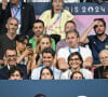 Lors de la victoire du français Félix Lebrun en quart de finale des épreuves de tennis de table 
Gilles Erb, Gabriel Attal et Amélie Oudéa-Castéra - Les célébrités assistent à la victoire du français Félix Lebrun en quart de finale des épreuves de tennis de table lors des Jeux Olympiques de Paris 2024 (JO) à l'Arena Paris Sud, à Paris, France, le 1er août 2024. © Jacovides-Perusseau/Bestimage 