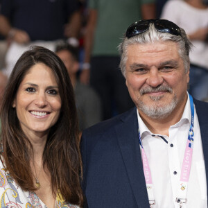 David Douillet et sa femme Vanessa Carrara assistent aux épreuves de judo lors des Jeux Olympiques de Paris 2024 (JO) au Arena Champs de Mars à Paris, France, le 2 août 2024. © Jacovides-Perusseau/Bestimage 