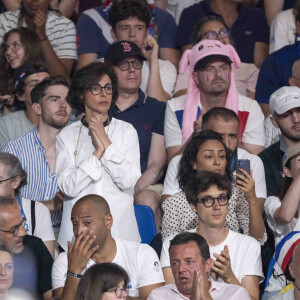 Delphine Ernotte, Rachida Dati, Leïla Kaddour, son compagnon Pierre Guénard et Thierry Omeyer assistent aux épreuves de judo lors des Jeux Olympiques de Paris 2024 (JO) au Arena Champs de Mars à Paris, France, le 2 août 2024. © Jacovides-Perusseau/Bestimage 