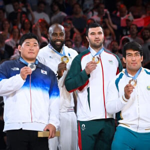 Finale - Teddy Riner ( FRA ) , Kim Minjong ( KOR ) ,Temur Ralhimov ( TJK ) et Alisher Yusupov ( UZB ) lors des Jeux Olympiques de Judo 2024 à l'Arena Champ de Mars le 02 août 2024 à Paris, France. © Federico Pestellini / DPPI / Panoramic / Bestimage