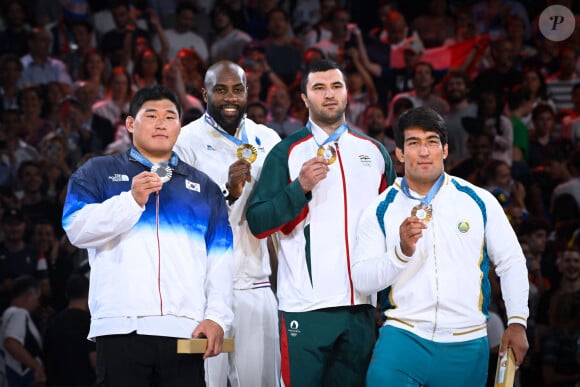 Finale - Teddy Riner ( FRA ) , Kim Minjong ( KOR ) ,Temur Ralhimov ( TJK ) et Alisher Yusupov ( UZB ) lors des Jeux Olympiques de Judo 2024 à l'Arena Champ de Mars le 02 août 2024 à Paris, France. © Federico Pestellini / DPPI / Panoramic / Bestimage