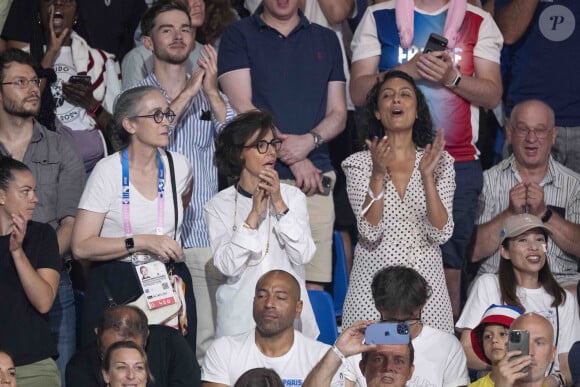 Delphine Ernotte, Rachida Dati, Leïla Kaddour, son compagnon Pierre Guénard et Thierry Omeyer assistent aux épreuves de judo lors des Jeux Olympiques de Paris 2024 (JO) au Arena Champs de Mars à Paris, France, le 2 août 2024. © Jacovides-Perusseau/Bestimage 