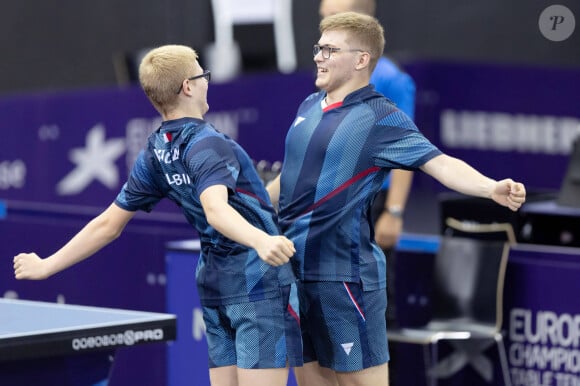 Les français Alexis et Felix Lebrun assurés d'une médaille en double masculin après avoir atteint les demi-finales lors des championnats d'Europe de tennis de table à Munich, Allemagne, le 17 août 2022. © Imago/Panoramic/Bestimage