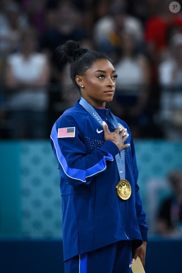 Simone Biles lors de l'épreuve de gymnastique artistique aux Jeux olympiques Paris 2024. ( Photo by federico pestellini / DPPI / Panoramic ) -