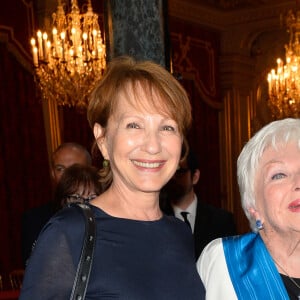 Exclusif - Nathalie Baye, Line Renaud et Alain Delon lors de l'élévation de L. Renaud au rang de grand-croix de l'ordre national du Mérite, au Palais de l'Elysée à Paris, le 23 mars 2017. © Guirec Coadic/Bestimage 