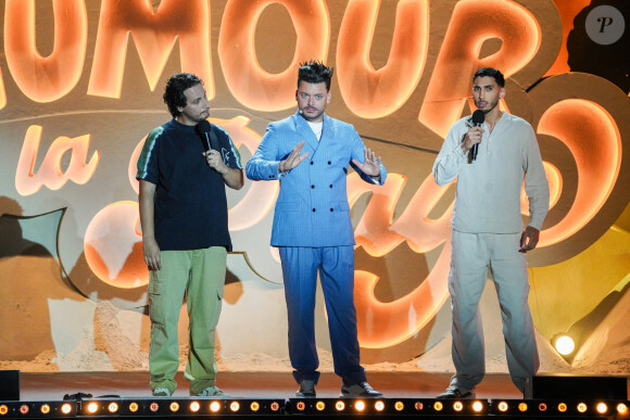 Exclusif - Samuel Bambi, Kev Adams, Ilyes Djadel - Premier jour de l'enregistrement de l'émission "L'humour à la plage" pour le 1er festival de Juan les Pins à la pinède Gould le 4 juillet 2024. © JR Santini / Bruno Bebert / Bestimage