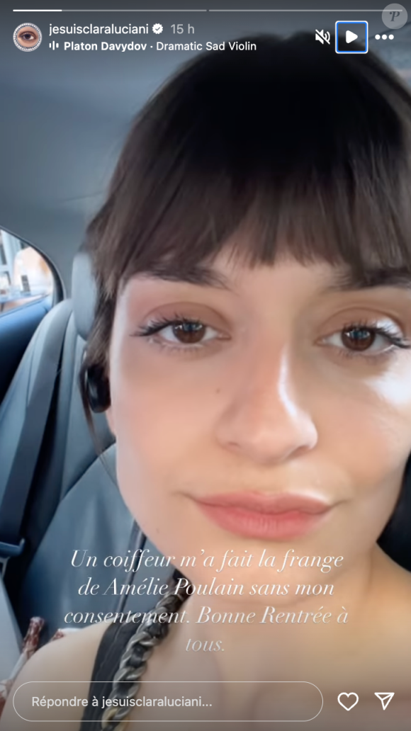 Via sa story Instagram, la mère de famille a immortalisé sa nouvelle coupe... Qui a eu le mérite de la dépiter : "Un coiffeur m'a fait la frange d'Amélie Poulain sans mon consentement (...)".
Clara Luciani immortalisée sur ses réseaux sociaux. (Capture d'écran).