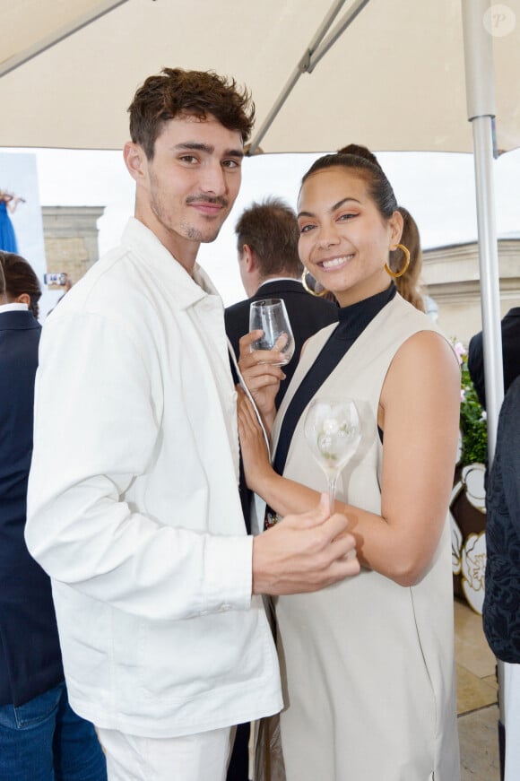 Exclusif - Vaimalama Chaves (Miss France 2019) et son fiancé Nicolas Fleury lors de l'ouverture du rooftop de l'hôtel The Peninsula Paris le 29 mai 2024. © Rachid Bellak / Bestimage 