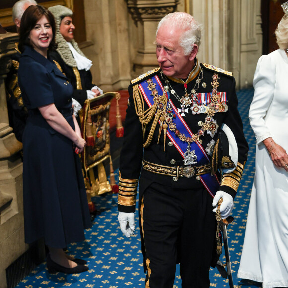 Le roi Charles III d'Angleterre et la reine consort Camilla Parker Bowles lors de l'ouverture officielle du parlement britannique au palais de Westminster à Londres. Le 17 juillet 2024 