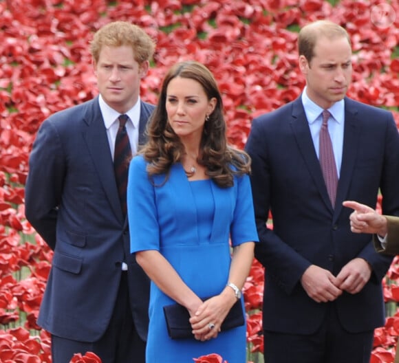 Le prince William, Catherine Kate Middleton, la duchesse de Cambridge et le prince Harry visitent la tour de Londres entourée d'une mer pourpre à Londres le 5 août 2014. Cette installation, conçue par l'artiste Paul Cummins et le designer Tom Piper, va commémorer chaque fatalité britannique ou Colonial de la première guerre mondiale en plantant 888 246 coquelicots en céramique rouge dans une mer qui coule autour de la tour. 