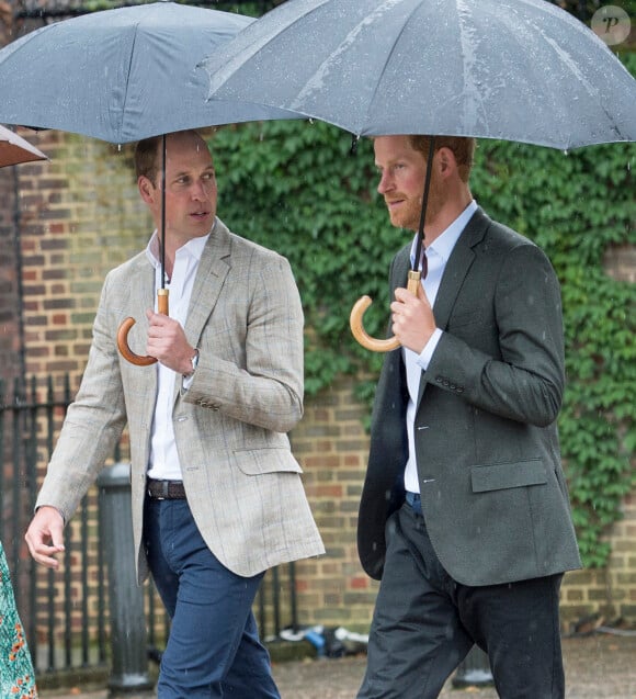 Le prince William, duc de Cambridge et le prince Harry lors de la visite du Sunken Garden dédié à la mémoire de Lady Diana à Londres le 30 août 2017. 