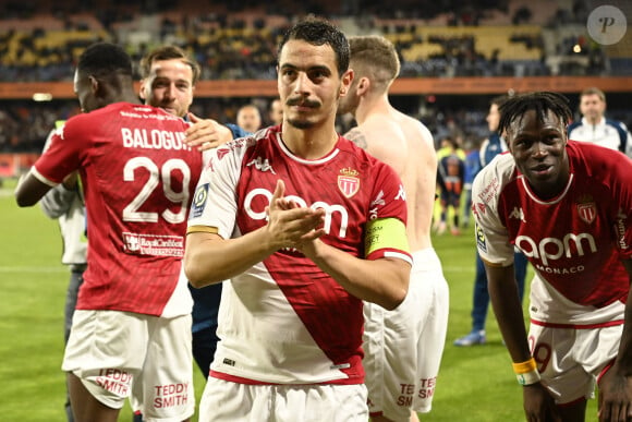 Wissam Ben Yedder celebrent la victoire et sa qualification en Ligue des Champions a l’issue du match Montpellier Herault SC vs. AS Monaco pour la J33 de la Ligue 1 Uber Eats au Stade de la Mosson, le 12 mai 2024.