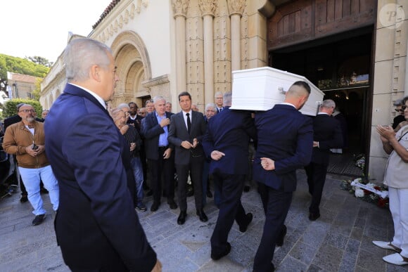 Luis Fernandez, David Lisnard (Maire de Cannes), Charles Bébert - Obsèques du journaliste sportif, Didier Roustan, décédé le 11 septembre à l'âge de 66 ans en l'église Notre-Dame-des-Pins, à Cannes le 20 septembre 2024. © Franz Chavaroche/Bestimage