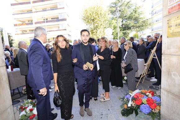 Ses enfants Charlotte et Dimitri - Obsèques du journaliste sportif, Didier Roustan, décédé le 11 septembre à l'âge de 66 ans en l'église Notre-Dame-des-Pins, à Cannes le 20 septembre 2024. © Franz Chavaroche/Bestimage