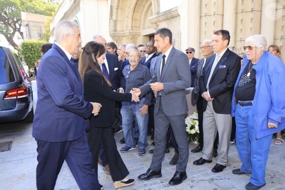 Murielle Roustan et David Lisnard (Maire de Cannes), Charles Bebert - Obsèques du journaliste sportif, Didier Roustan, décédé le 11 septembre à l'âge de 66 ans en l'église Notre-Dame-des-Pins, à Cannes le 20 septembre 2024. © Franz Chavaroche/Bestimage