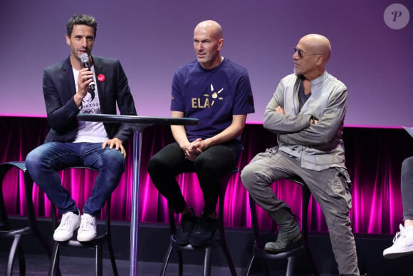 Tony Estanguet, Zinedine Zidane et Florent Pagny assistent à la cérémonie de remise du Prix de l'Ambassadeur de l'association ELA (European Leukodystrophy Association) à la Cité des Sciences et de l'Industrie à Paris, France, le 07 juin 2023. Photo par Jerome Domine/ABACAPRESS.COM