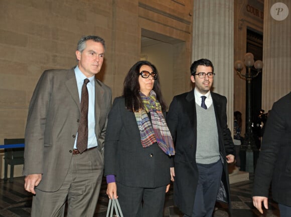 Olivier Pelat, Françoise Bettencourt-Meyers et Nicolas Meyers - Sorties du tribunal de Bordeaux pour le quatrième jour du procès Bettencourt. Le 29 janvier 2015 