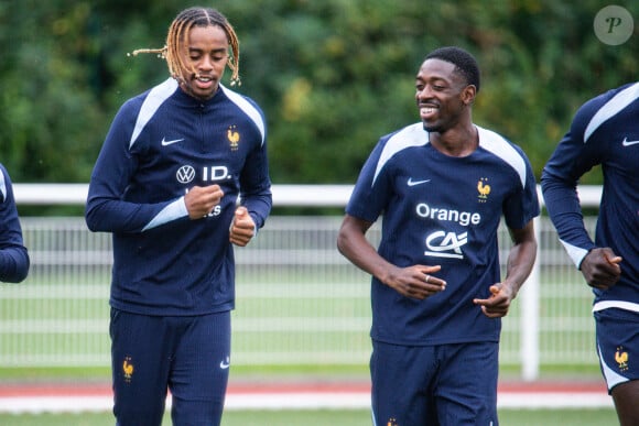 Ousmane Dembélé et Bradley Barcola - Entraînement de l’équipe de France de football à Clairefontaine le 2 septembre 2024.