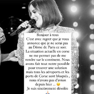 "La situation actuelle en Corse ne me permet pas de me rendre sur le continent. Nous avons fait tout notre possible pour trouver une solution, mais tous les aéroports et les ports de Corse sont bloqués, nous n'avons pas d'avion depuis hier"
Alizée contrainte d'annuler son concert à Paris après l'annulation de son vol