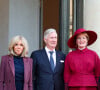 Pour l'occasion Brigitte Macron a accordé les couleurs de sa tenue à celle de la reine Mathilde dans des teintes de rouge
 
Brigitte Macron, le roi Philippe de Belgique, la reine Mathilde au palais de l'Elysée à Paris le 14 octobre 2024. Le couple royal de Belgique démarre une visite d'état de trois jours en France. © Dominique Jacovides / Bestimage