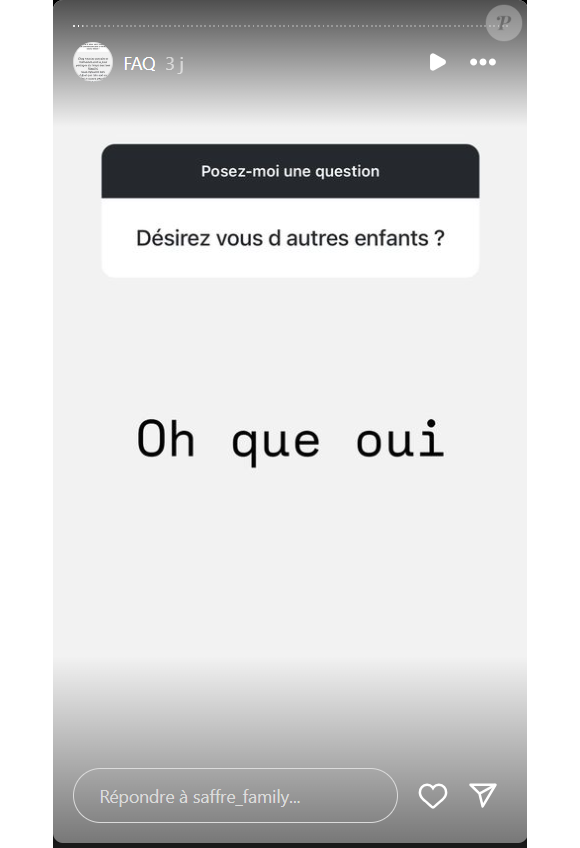 Mais pas dit qu'elle ne refasse pas un enfant d'ici là !
Céline Saffré de "Familles nombreuses" se confie sur Instagram, le 25 octobre 2024