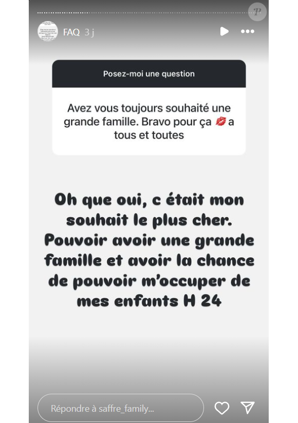 Mais elle n'échangerait son rôle pour rien au monde, car elle rêvait d'avoir une famille nombreuse
Céline Saffré de "Familles nombreuses" se confie sur Instagram, le 25 octobre 2024