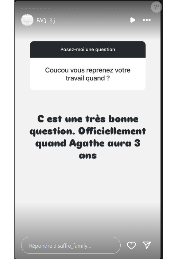 Elle pense tout de même à l'avenir et envisage de reprendre le travail quand sa dernière aura trois ans, soit dans trois ans
Céline Saffré de "Familles nombreuses" se confie sur Instagram, le 25 octobre 2024