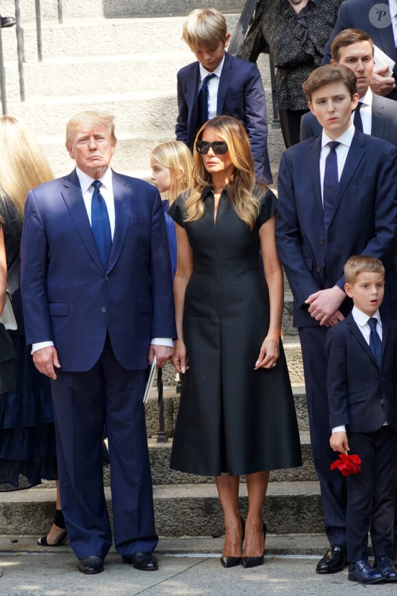 Donald Trump et sa femme Melania, Barron Trump, Jared Kushner - Obsèques de Ivana Trump en l'église St Vincent Ferrer à New York. Le 20 juillet 2022 © Sonia Moskowitz Gordon / Zuma Press / Bestimage