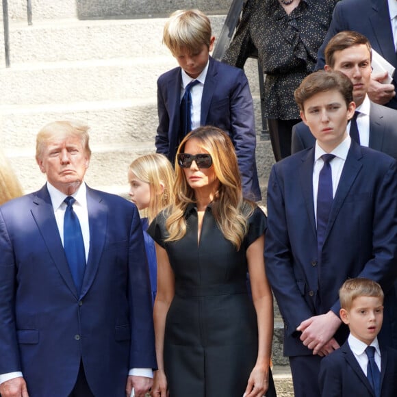 Donald Trump et sa femme Melania, Barron Trump, Jared Kushner - Obsèques de Ivana Trump en l'église St Vincent Ferrer à New York. Le 20 juillet 2022 © Sonia Moskowitz Gordon / Zuma Press / Bestimage