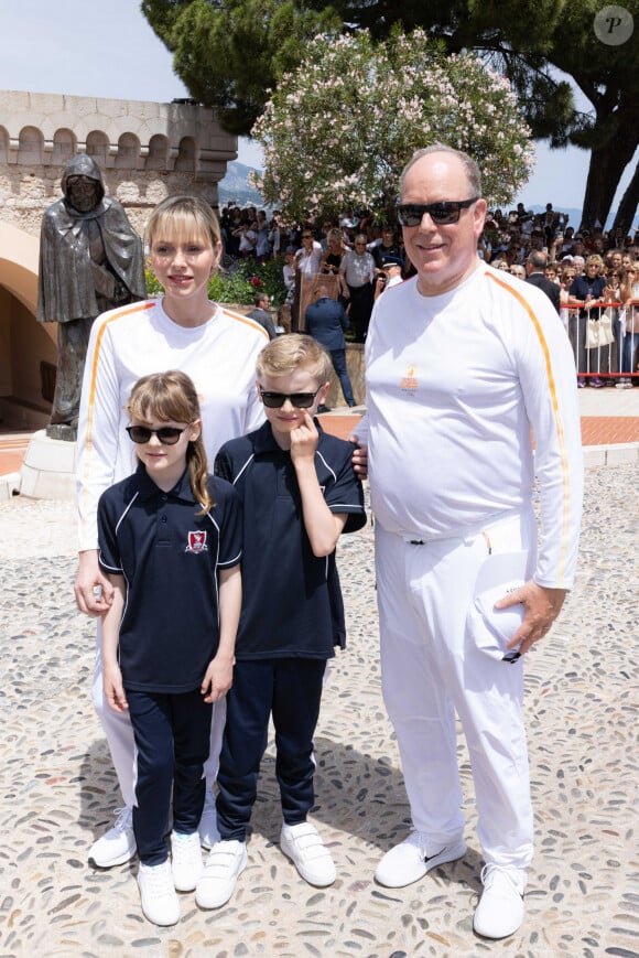 Princess Charlene of Monaco (La princesse Charlène de Monaco), Prince Albert II of Monaco (Le prince Albert II de Monaco), Prince Jacques of Monaco (Le prince Jacques de Monaco, marquis des Baux), Princess Gabriella of Monaco (La princesse Gabriella de Monaco, comtesse de Carladès) lors du relais de la Flamme Olympique des Jeux olympiques d'été de Paris 2024 à Monaco, le 18 juin 2024. Paris se prépare à accueillir les XXXIIIèmes Jeux Olympiques d'été, du 26 juillet au 11 août 2024. Olivier Huitel/Pool Monaco/Bestimage 