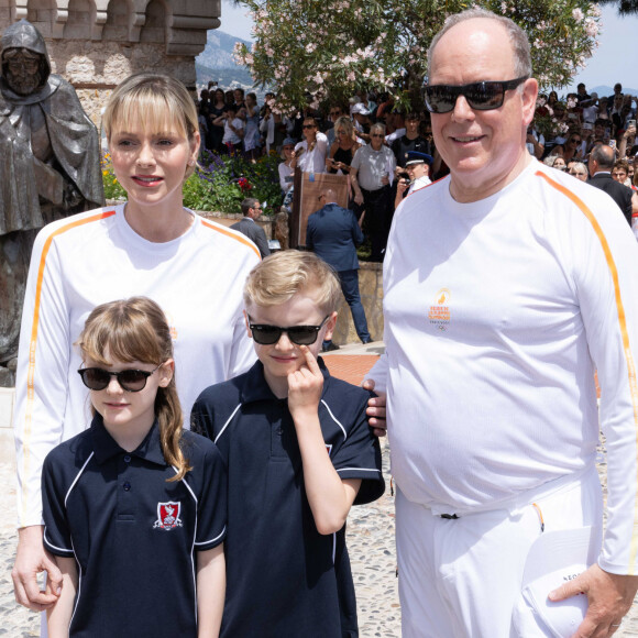 Princess Charlene of Monaco (La princesse Charlène de Monaco), Prince Albert II of Monaco (Le prince Albert II de Monaco), Prince Jacques of Monaco (Le prince Jacques de Monaco, marquis des Baux), Princess Gabriella of Monaco (La princesse Gabriella de Monaco, comtesse de Carladès) lors du relais de la Flamme Olympique des Jeux olympiques d'été de Paris 2024 à Monaco, le 18 juin 2024. Paris se prépare à accueillir les XXXIIIèmes Jeux Olympiques d'été, du 26 juillet au 11 août 2024. Olivier Huitel/Pool Monaco/Bestimage 