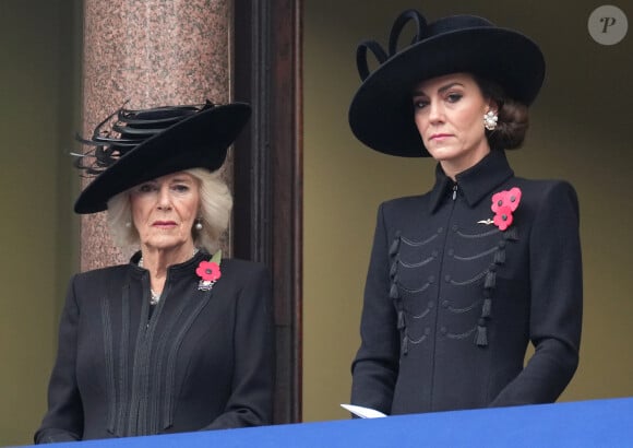 Camilla Parker Bowles, reine consort d'Angleterre, Catherine (Kate) Middleton, princesse de Galles - La famille royale honore les disparus des deux guerres mondiales lors de la cérémonie Remembrance Sunday ( Dimanche du souvenir ) au Cénotaphe à Londres le 12 novembre 2023. 