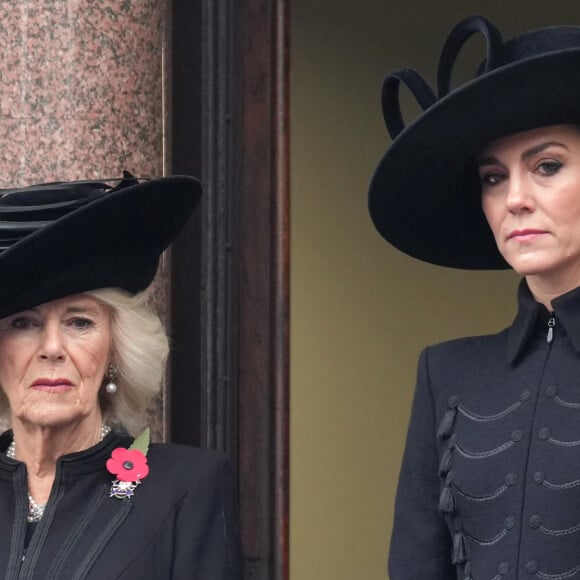 Camilla Parker Bowles, reine consort d'Angleterre, Catherine (Kate) Middleton, princesse de Galles - La famille royale honore les disparus des deux guerres mondiales lors de la cérémonie Remembrance Sunday ( Dimanche du souvenir ) au Cénotaphe à Londres le 12 novembre 2023. 