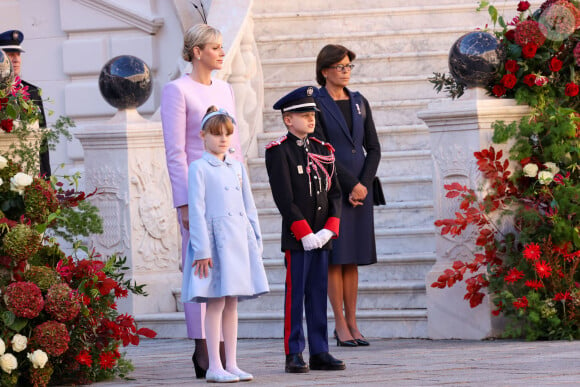 la princesse Charlene de Monaco, le prince héritier Jacques, la princesse Gabriella, la princesse Stéphanie dans la cour du palais princier le jour de la fête nationale de Monaco le 19 novembre 2024. © Jean-Charles Vinaj / Pool Monaco / Bestimage 